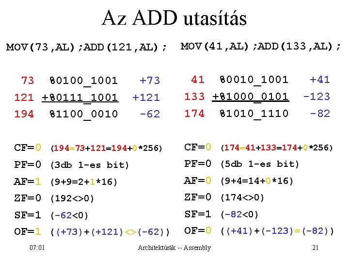 Az ADD utasítás MOV(73, AL); ADD(121, AL); 73 %0100_1001 121 +%0111_1001 194 %1100_0010 CF=0