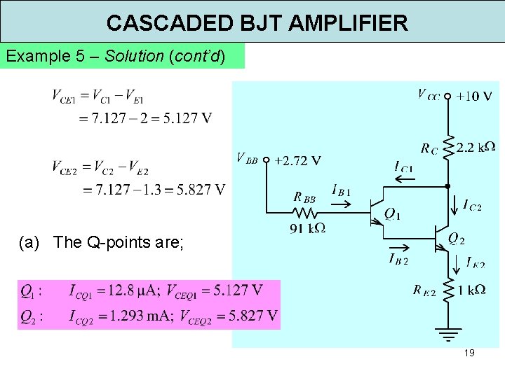 CASCADED BJT AMPLIFIER Example 5 – Solution (cont’d) (a) The Q-points are; 19 
