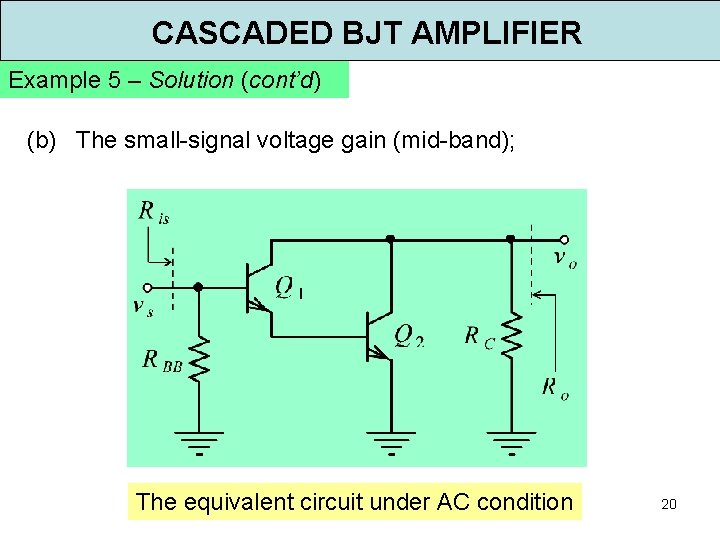 CASCADED BJT AMPLIFIER Example 5 – Solution (cont’d) (b) The small-signal voltage gain (mid-band);