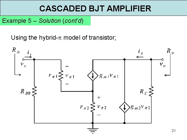 CASCADED BJT AMPLIFIER Example 5 – Solution (cont’d) Using the hybrid- model of transistor;
