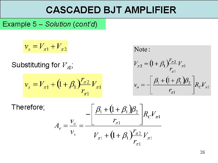 CASCADED BJT AMPLIFIER Example 5 – Solution (cont’d) Substituting for V 2; Therefore; 26