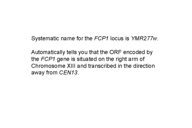 Systematic name for the FCP 1 locus is YMR 277 w. Automatically tells you