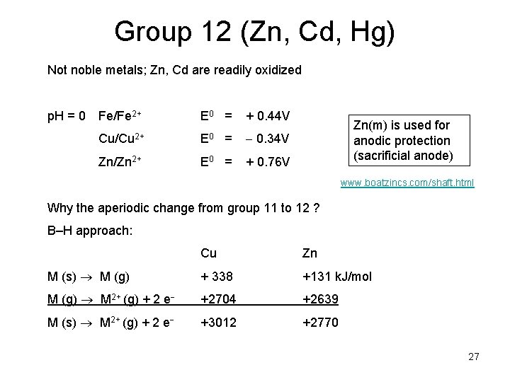 Group 12 (Zn, Cd, Hg) Not noble metals; Zn, Cd are readily oxidized p.