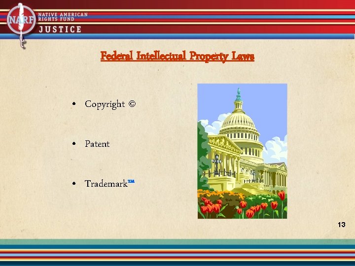 Federal Intellectual Property Laws • Copyright © • Patent • Trademark™ 13 