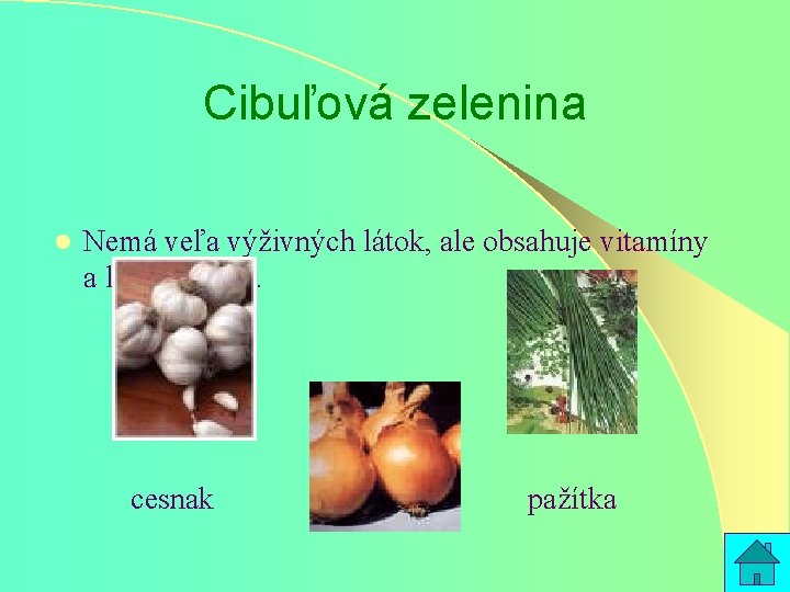 Cibuľová zelenina l Nemá veľa výživných látok, ale obsahuje vitamíny a liečivé látky. cibuľa