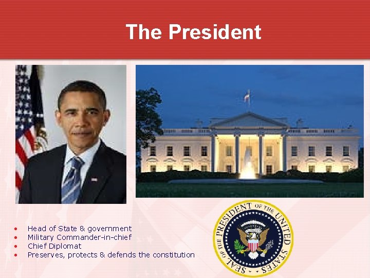 The President • • Head of State & government Military Commander-in-chief Chief Diplomat Preserves, The President • • Head of State & government Military Commander-in-chief Chief Diplomat Preserves,