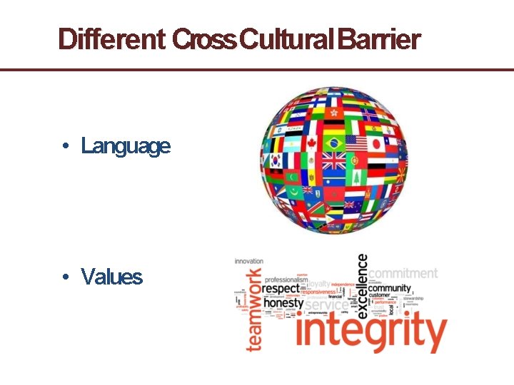 Different Cross. Cultural Barrier • Language • Values 