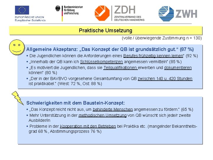 Praktische Umsetzung (volle / überwiegende Zustimmung n = 130) Allgemeine Akzeptanz: „Das Konzept der