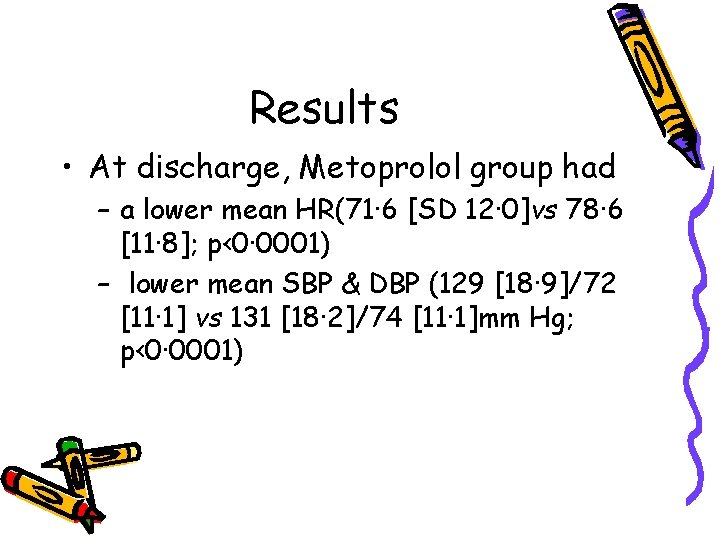 Results • At discharge, Metoprolol group had – a lower mean HR(71· 6 [SD