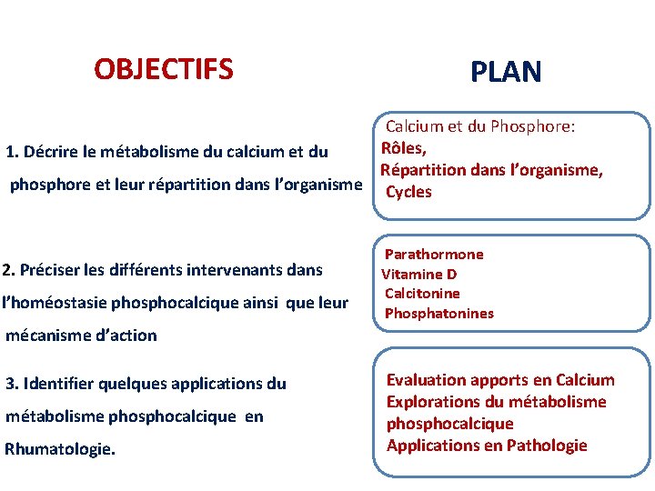 OBJECTIFS PLAN Calcium et du Phosphore: Rôles, 1. Décrire le métabolisme du calcium et