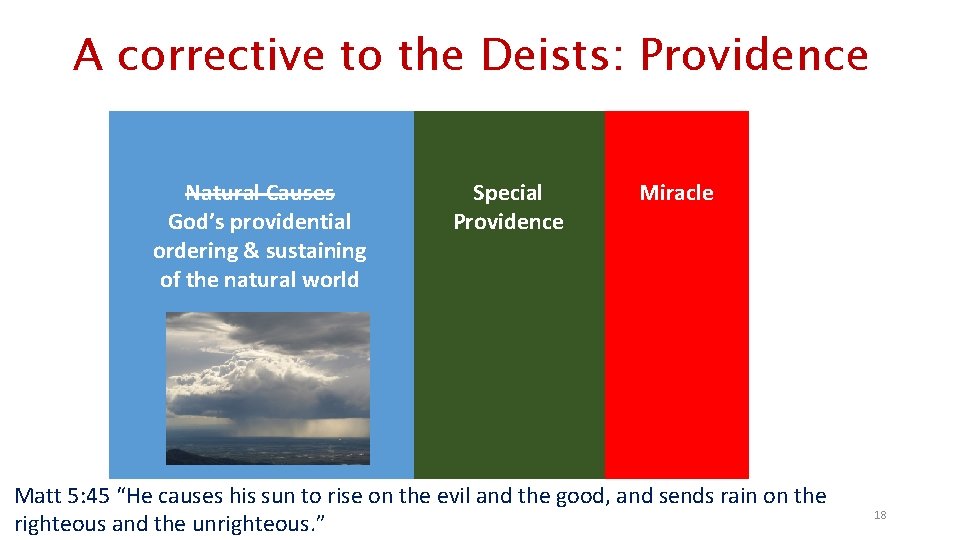 A corrective to the Deists: Providence Natural Causes God’s providential ordering & sustaining of