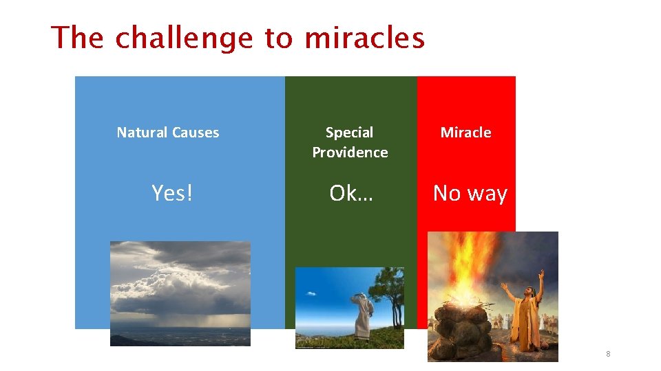 The challenge to miracles Natural Causes Special Providence Miracle Yes! Ok… No way 8