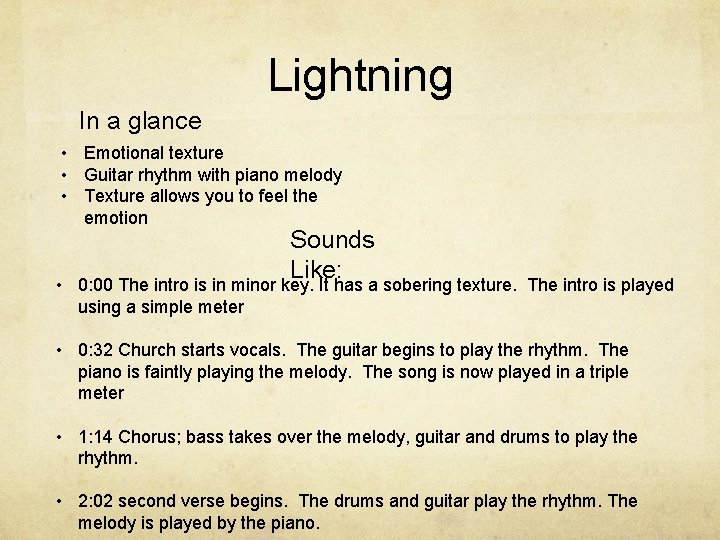 Lightning In a glance • Emotional texture • Guitar rhythm with piano melody •