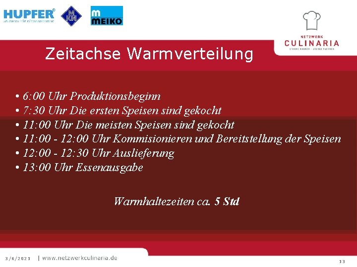 Zeitachse Warmverteilung • 6: 00 Uhr Produktionsbeginn • 7: 30 Uhr Die ersten Speisen