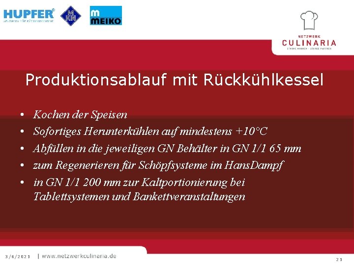 Produktionsablauf mit Rückkühlkessel • • • 3/6/2021 Kochen der Speisen Sofortiges Herunterkühlen auf mindestens