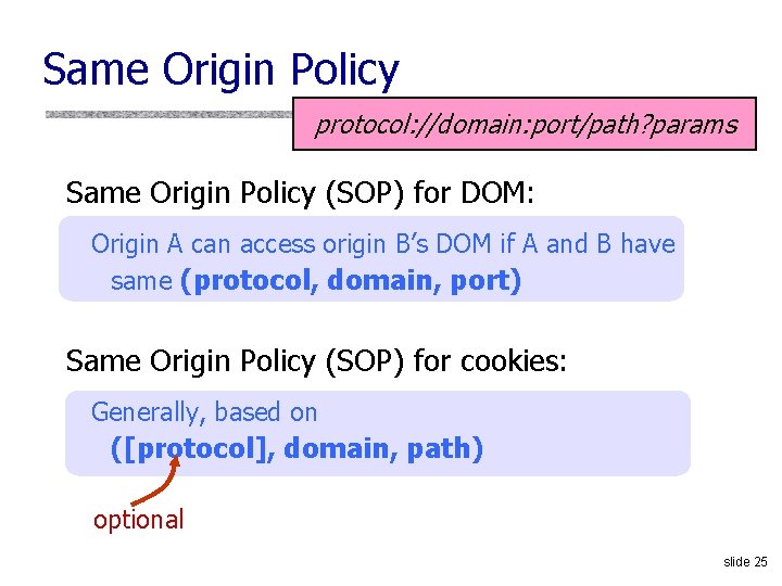 Same Origin Policy protocol: //domain: port/path? params Same Origin Policy (SOP) for DOM: Origin