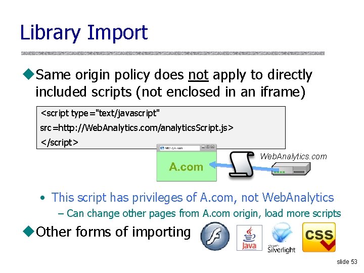 Library Import u. Same origin policy does not apply to directly included scripts (not