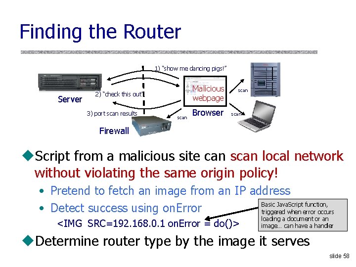 Finding the Router 1) “show me dancing pigs!” Server Malicious webpage 2) “check this