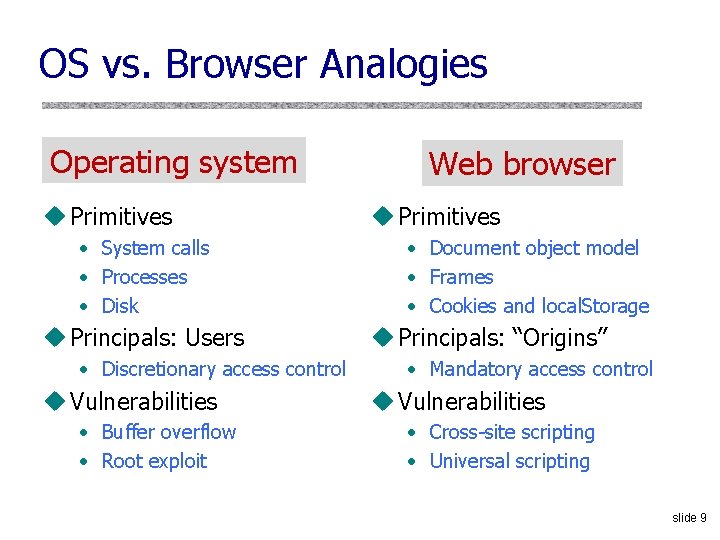 OS vs. Browser Analogies Operating system u Primitives • System calls • Processes •