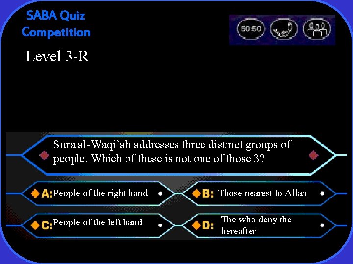 SABA Quiz Competition Level 3 -R Sura al-Waqi’ah addresses three distinct groups of people.