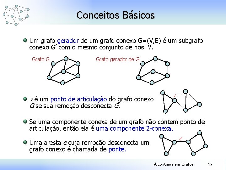 Conceitos Básicos Um grafo gerador de um grafo conexo G=(V, E) é um subgrafo