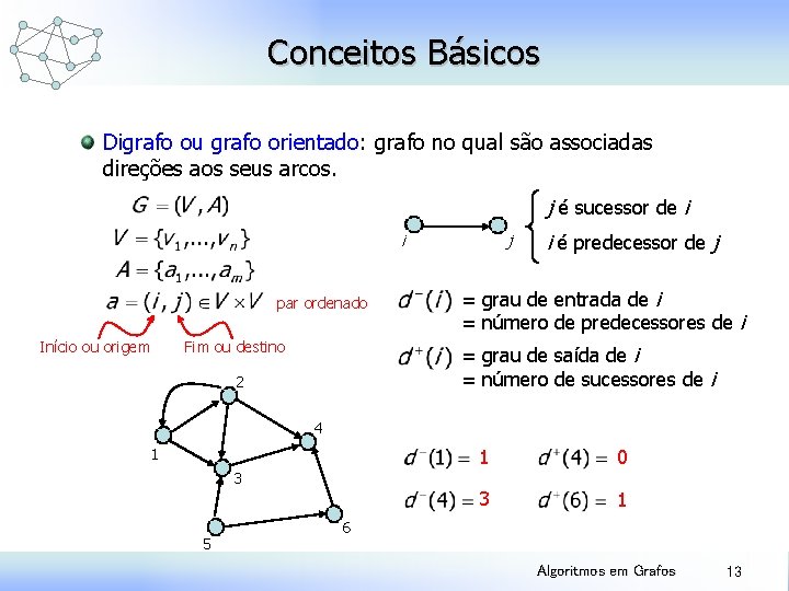 Conceitos Básicos Digrafo ou grafo orientado: grafo no qual são associadas direções aos seus