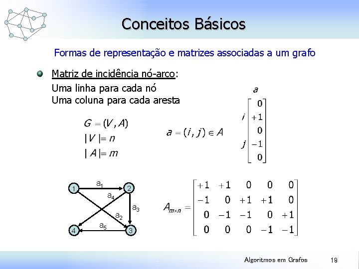 Conceitos Básicos Formas de representação e matrizes associadas a um grafo Matriz de incidência