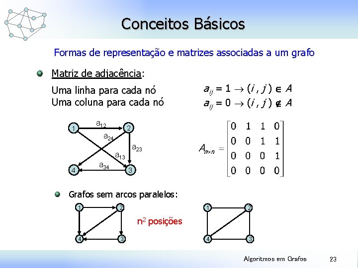 Conceitos Básicos Formas de representação e matrizes associadas a um grafo Matriz de adjacência: