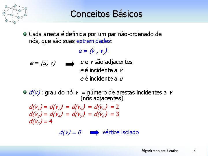 Conceitos Básicos Cada aresta é definida por um par não-ordenado de nós, que são