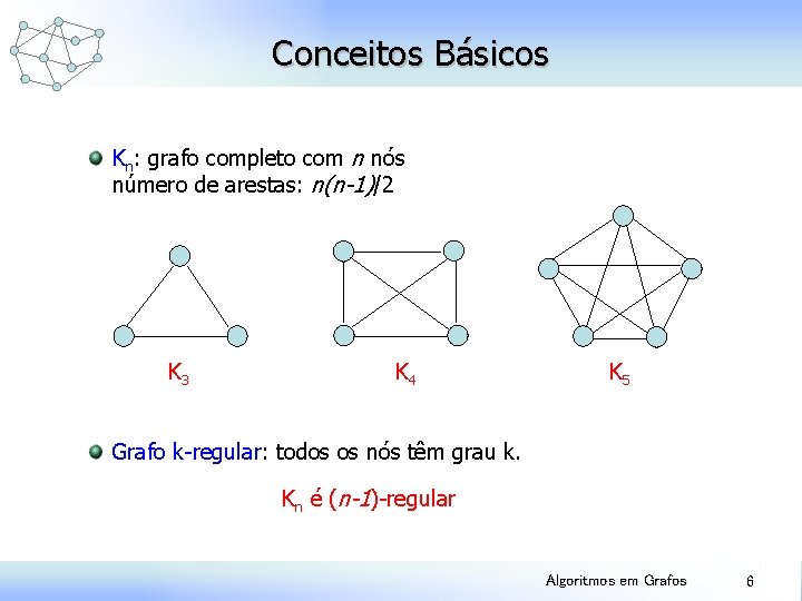 Conceitos Básicos Kn: grafo completo com n nós número de arestas: n(n-1)/2 K 3