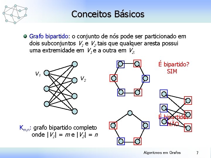 Conceitos Básicos Grafo bipartido: o conjunto de nós pode ser particionado em dois subconjuntos