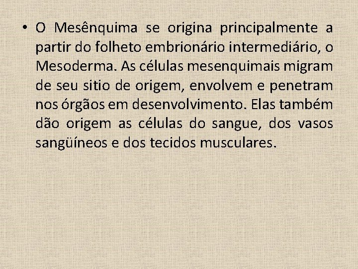  • O Mesênquima se origina principalmente a partir do folheto embrionário intermediário, o