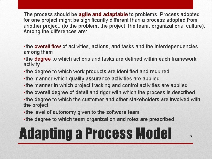 The process should be agile and adaptable to problems. Process adopted for one project