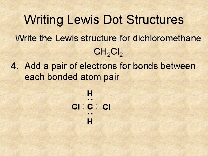 Writing Lewis Dot Structures Write the Lewis structure for dichloromethane CH 2 Cl 2 Writing Lewis Dot Structures Write the Lewis structure for dichloromethane CH 2 Cl 2