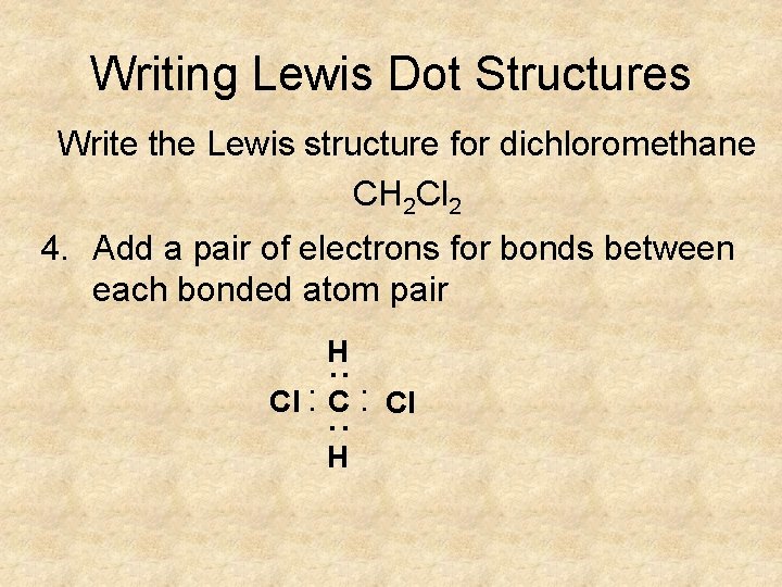 Writing Lewis Dot Structures Write the Lewis structure for dichloromethane CH 2 Cl 2