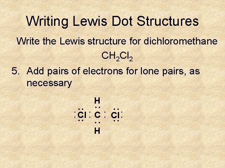 Writing Lewis Dot Structures Write the Lewis structure for dichloromethane CH 2 Cl 2 Writing Lewis Dot Structures Write the Lewis structure for dichloromethane CH 2 Cl 2