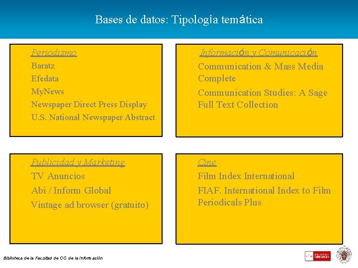 Bases de datos: Tipología temática Periodismo Baratz Efedata My. Newspaper Direct Press Display U.