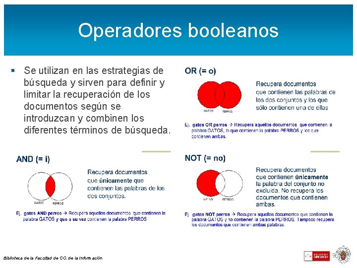 Operadores booleanos § Se utilizan en las estrategias de búsqueda y sirven para definir