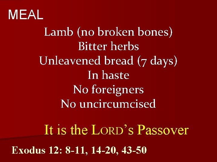 MEAL Lamb (no broken bones) Bitter herbs Unleavened bread (7 days) In haste No