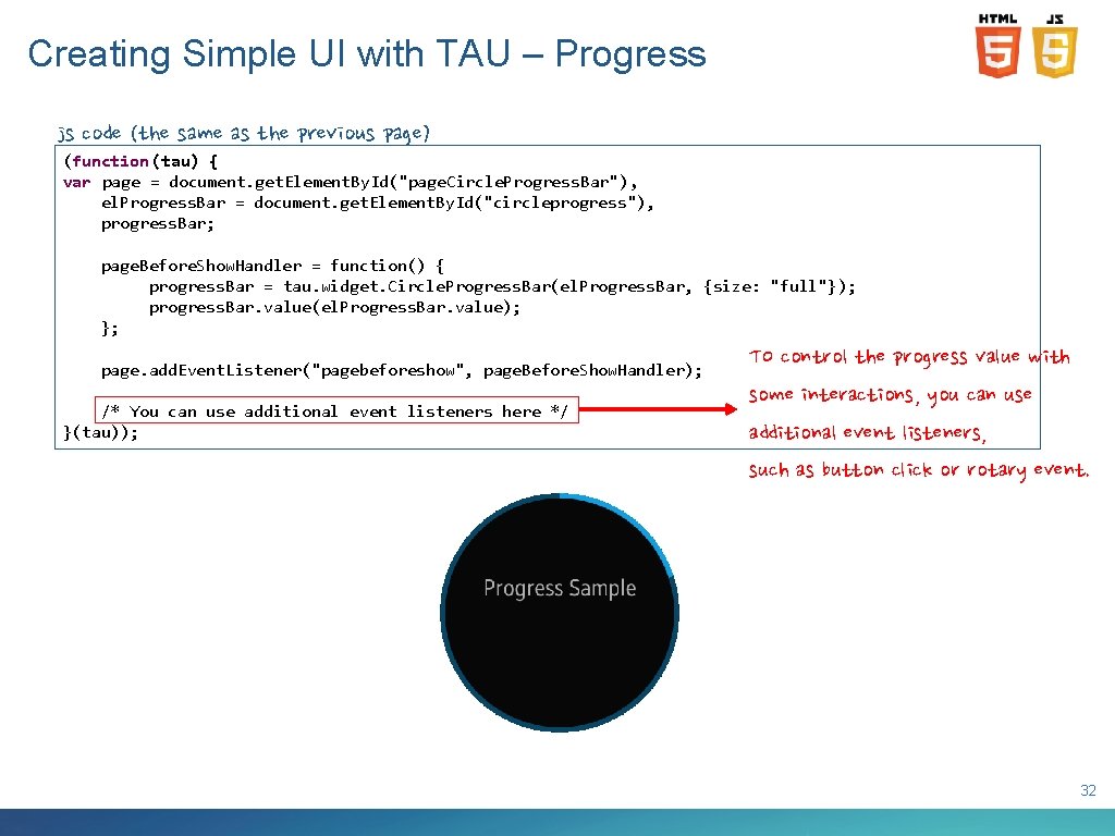 Creating Simple UI with TAU – Progress js code (the same as the previous