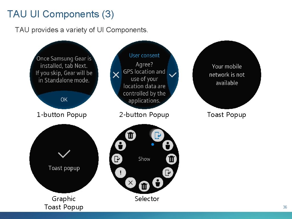 TAU UI Components (3) TAU provides a variety of UI Components. 1 -button Popup