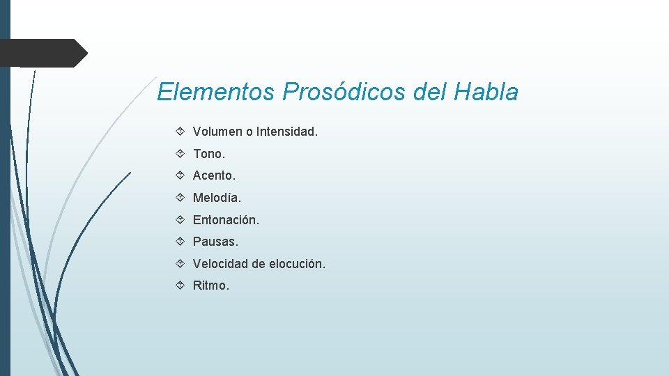 Elementos Prosódicos del Habla Volumen o Intensidad. Tono. Acento. Melodía. Entonación. Pausas. Velocidad de