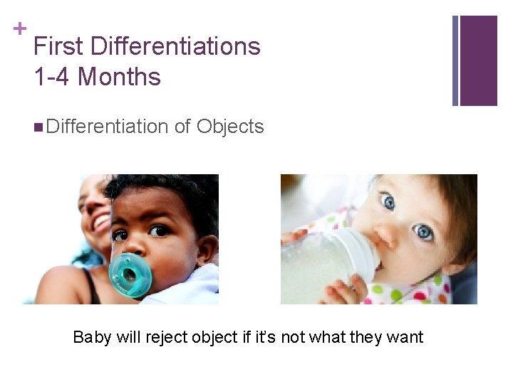 + First Differentiations 1 -4 Months n Differentiation of Objects Baby will reject object
