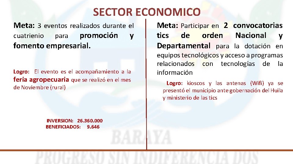 SECTOR ECONOMICO Meta: 3 eventos realizados durante el cuatrienio para promoción y fomento empresarial.