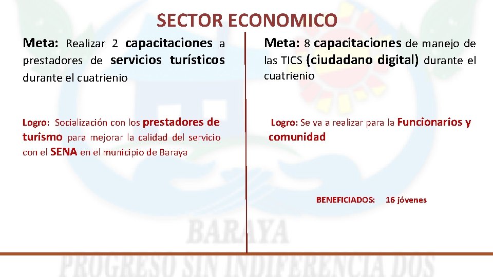 SECTOR ECONOMICO Meta: Realizar 2 capacitaciones a prestadores de servicios turísticos durante el cuatrienio