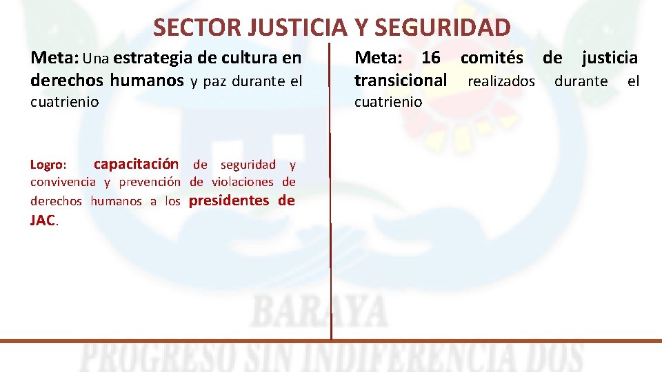 SECTOR JUSTICIA Y SEGURIDAD Meta: Una estrategia de cultura en derechos humanos y paz