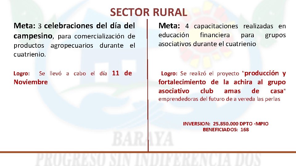 SECTOR RURAL Meta: 3 celebraciones del día del campesino, para comercialización de productos agropecuarios