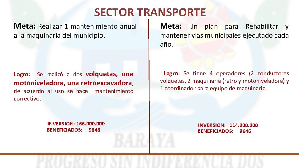 SECTOR TRANSPORTE Meta: Realizar 1 mantenimiento anual Meta: Un plan para Rehabilitar y volquetas,