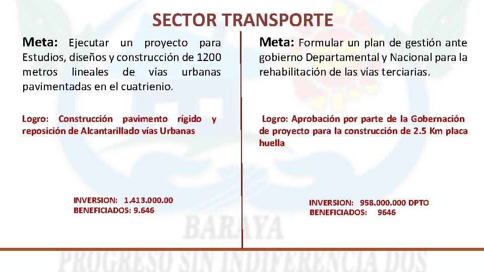 SECTOR TRANSPORTE Meta: Ejecutar un proyecto para Meta: Formular un plan de gestión ante