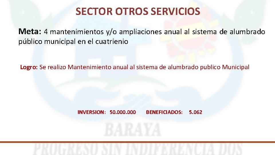 SECTOR OTROS SERVICIOS Meta: 4 mantenimientos y/o ampliaciones anual al sistema de alumbrado público